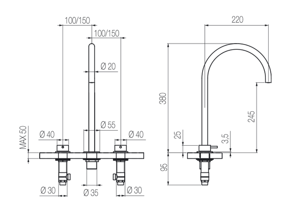  Vòi chậu lavabo xoay 3 lỗ cao 380mm bằng stainless steel Toki - TKN24 
