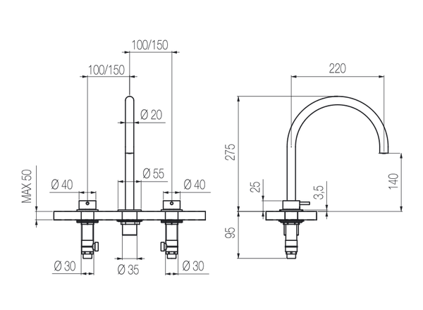  Vòi chậu lavabo xoay 3 lỗ cao 270mm bằng stainless steel Toki - TKN25 