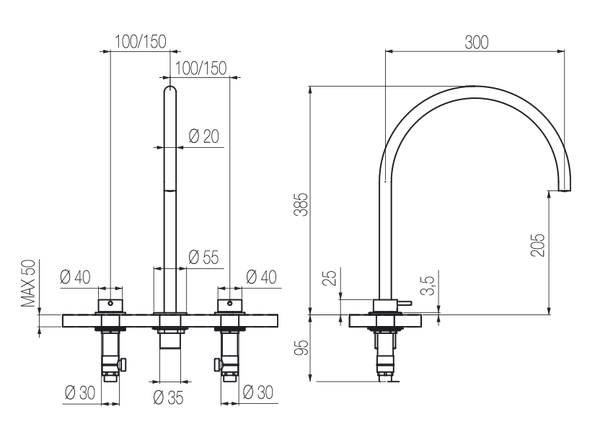  Vòi chậu lavabo xoay 3 lỗ cao 380mm bằng stainless steel Toki - TKN26 