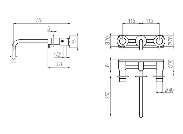  Vòi chậu lavabo gắn tường 3 lỗ dài 250mm bằng stainless steel Toki - TKN29 