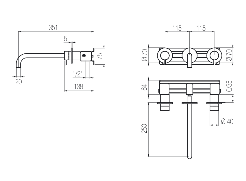  Vòi chậu lavabo gắn tường 3 lỗ dài 250mm bằng stainless steel Toki - TKN29 