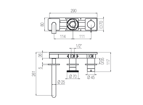  Vòi bồn tắm 3 lỗ gắn tường 2 đầu ra điều chỉnh nhiệt độ dài 190mm bằng stainless steel Kàto - TKN84 