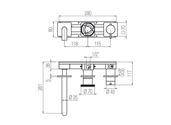 Vòi bồn tắm 3 lỗ gắn tường 3 đầu ra điều chỉnh nhiệt độ dài 190mm bằng stainless steel Kàto - TKN90 