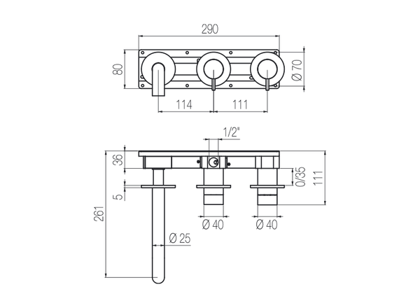  Vòi bồn tắm gắn tường 3 lỗ 2 đầu ra dài 190mm bằng stainless steel Toki - TKV82 