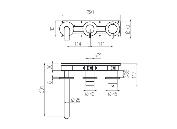  Vòi bồn tắm gắn tường điều chỉnh nhiệt độ 3 lỗ 2 đầu ra dài 190mm bằng stainless steel Toki - TKV84 