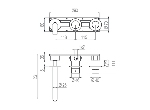  Vòi bồn tắm gắn tường 3 lỗ 3 đầu ra dài 190mm bằng stainless steel Toki - TKV88 