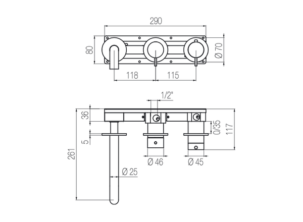  Vòi bồn tắm gắn tường điều chỉnh nhiệt độ 3 lỗ 3 đầu ra dài 190mm bằng stainless steel Toki - TKV90 