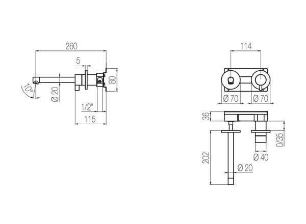  Vòi chậu lavabo gắn tường 2 lỗ dài 190mm bằng stainless steel Toox - TQN18 