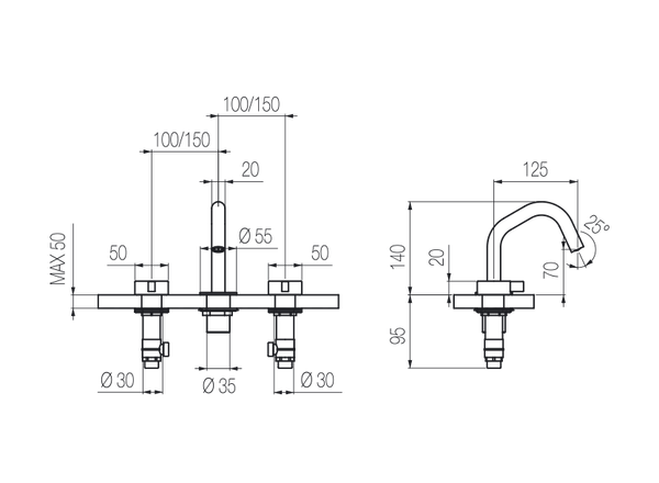  Vòi chậu lavabo xoay 3 lỗ cao 140mm bằng stainless steel Toox - TQN23 