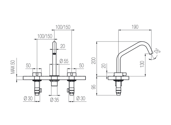 Vòi chậu lavabo xoay 3 lỗ cao 200mm bằng stainless steel Toox - TQN24 