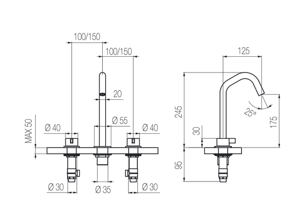  Vòi chậu lavabo xoay 3 lỗ cao 240mm bằng stainless steel Toox - TQN25 