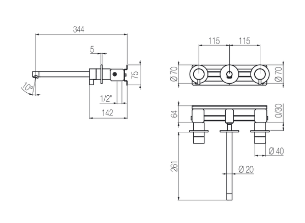  Vòi chậu lavabo gắn tường 3 lỗ dài 250mm bằng stainless steel Toox - TQN29 