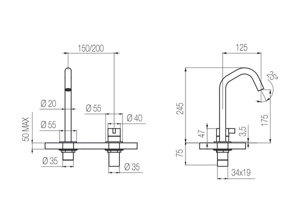  Vòi chậu lavabo xoay 2 lỗ cao 240mm bằng stainless steel Toox - TQN34 