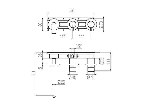  Vòi bồn tắm gắn tường 3 lỗ 2 đầu ra dài 190mm bằng stainless steel Toox - TQV82 