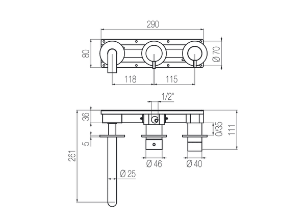  Vòi bồn tắm gắn tường 3 lỗ 3 đầu ra dài 190mm bằng stainless steel Toox - TQV88 