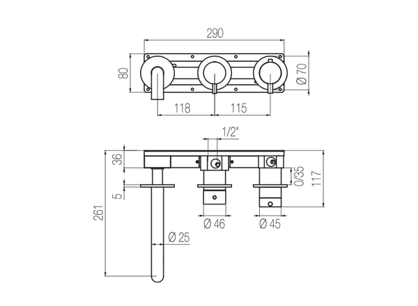  Vòi bồn tắm gắn tường điều chỉnh nhiệt độ 3 lỗ 3 đầu ra dài 190mm bằng stainless steel Toox - TQV90 