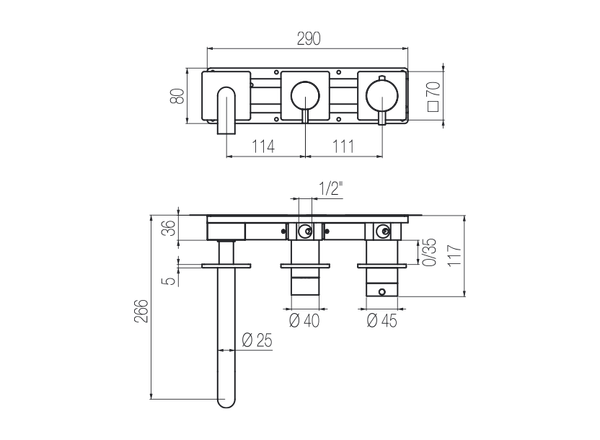  Vòi bồn tắm điều chỉnh nhiệt độ gắn tường 3 lỗ 2 đầu ra dài 190mm bằng stainless steel Aico - TRN84 