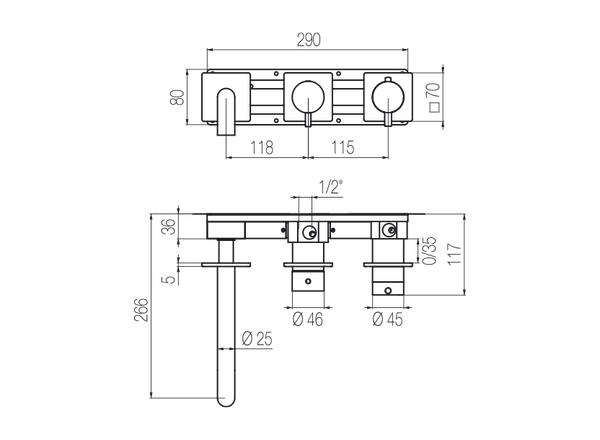  Vòi bồn tắm điều chỉnh nhiệt độ gắn tường 3 lỗ 3 đầu ra dài 190mm bằng stainless steel Aico - TRN90 