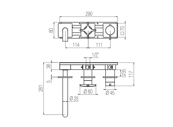  Vòi bồn tắm gắn tường điều chỉnh nhiệt độ 3 lỗ 2 đầu ra dài 190mm bằng stainless steel Dixi - TRX84 