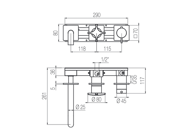  Vòi bồn tắm gắn tường điều chỉnh nhiệt độ 3 lỗ 3 đầu ra dài 190mm bằng stainless steel Dixi - TRX90 