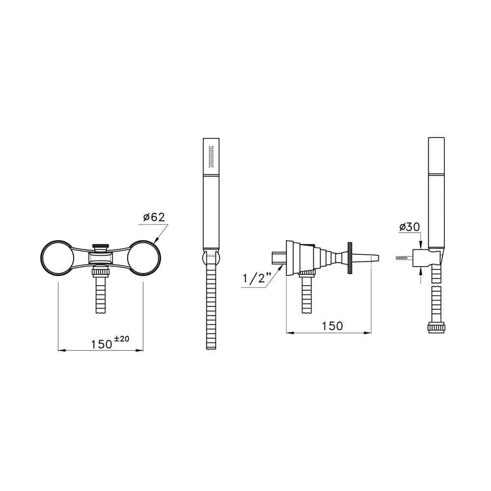  Vòi bồn tắm gắn tường có vòi sen cầm tay bằng đồng Titian - 3267-304 