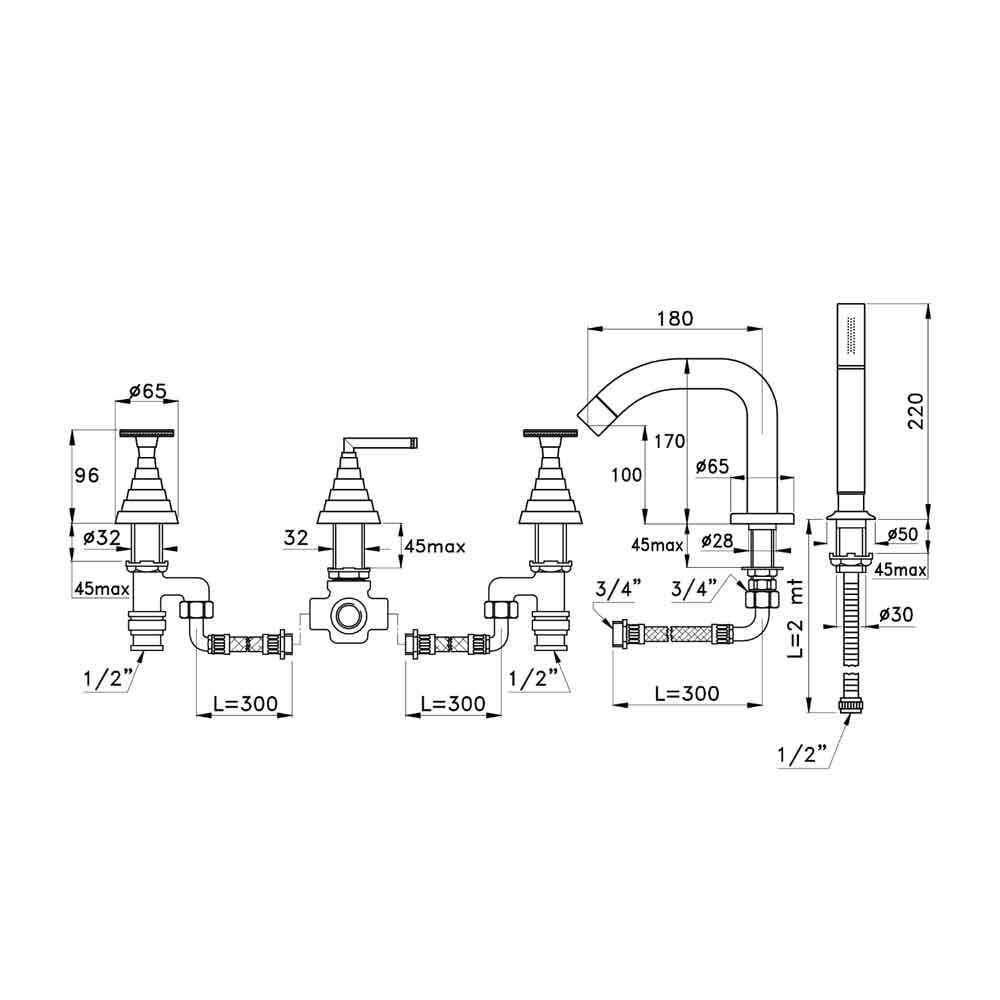  Vòi bồn tắm 5 lỗ có vòi sen cầm tay bằng đồng Titian - 3256TR308 
