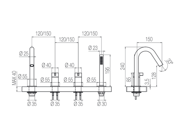  Vòi bồn tắm 4 lỗ gắn thành có vòi sen cầm tay bằng stainless steel Toox - TXQ16 