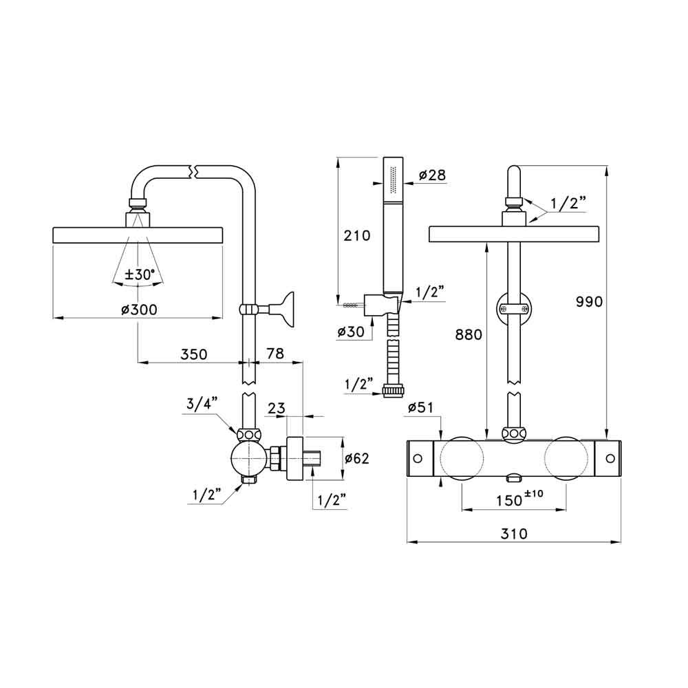  Sen cây với bát sen Ø300mm điều chỉnh nhiệt độ gắn tường bằng đồng Bamboo - 3287-304-300 