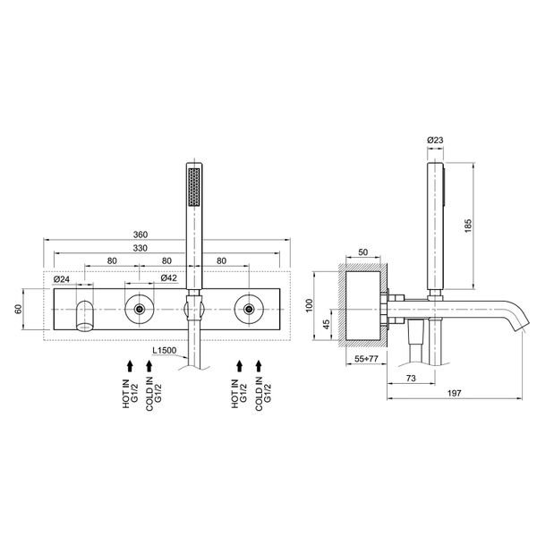  Vòi bồn tắm bốn lỗ gắn tường bằng đồng Volare - VOL2543Z 