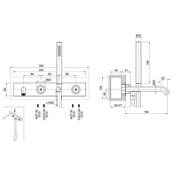  Vòi bồn tắm bốn lỗ gắn tường Volante stainless steel - VOX2543Z 