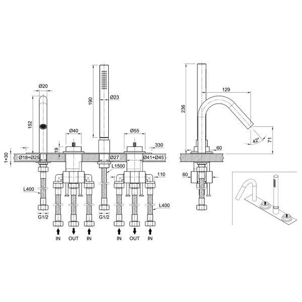 Vòi bồn tắm bốn lỗ Volante stainless steel - VOX5940CZ 