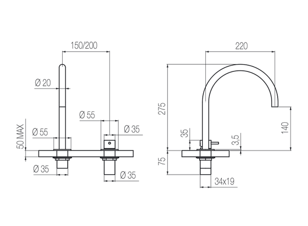  Vòi chậu lavabo xoay 2 lỗ cao 270mm bằng stainless steel Zero - ZER32 
