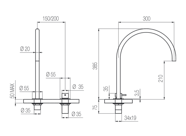  Vòi chậu lavabo xoay 2 lỗ cao 380mm bằng stainless steel Zero - ZER33 