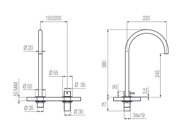  Vòi chậu lavabo xoay 2 lỗ cao 380mm bằng stainless steel Zero - ZER34 