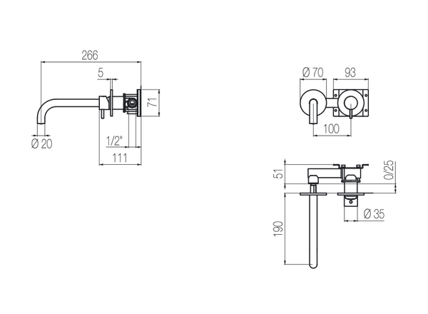  Vòi chậu lavabo gắn tường 2 lỗ dài 190mm bằng stainless steel Zero - ZRN18 