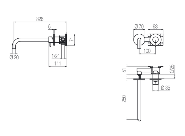  Vòi chậu lavabo gắn tường 2 lỗ dài 250mm bằng stainless steel Zero - ZRN19 