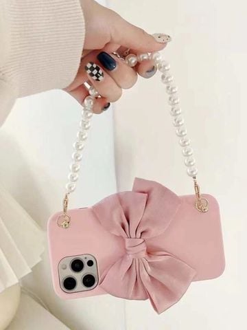  Ốp điện thoại thắt nơ có dây đeo đính ngọc trai cho iPhone 