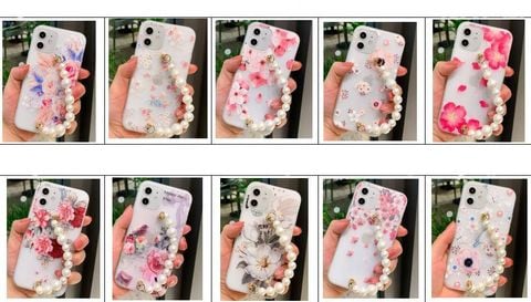  Ốp điện thoại họa tiết hoa phối vòng tay ngọc trai 