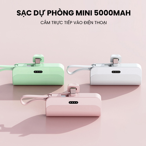  Sạc dự phòng mini 5000mAh sạc nhanh nhỏ gọn dễ mang, theo tích hợp 2 cáp sạc Type C và Lightning 