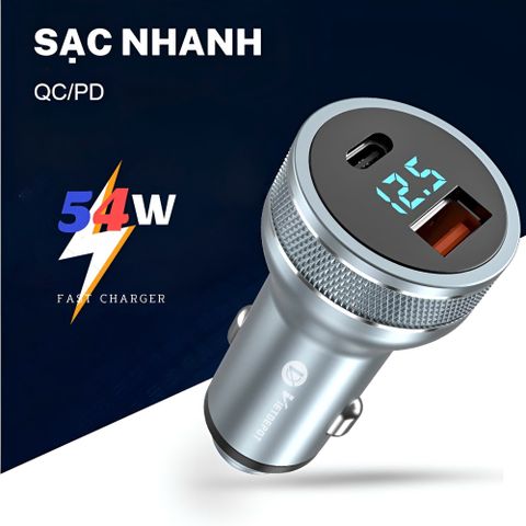 Củ sạc nhanh trên ô tô Type C & USB có hiển thị thông số 
