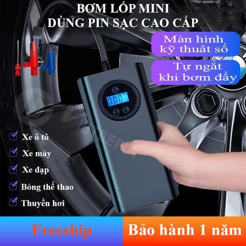  Bơm lốp mini di động cầm tay dùng pin sạc cao cấp màn hình điện tử 