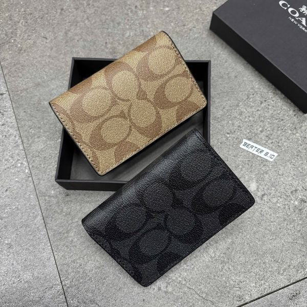 805 - Ví Coach Card Holder Signature Canvas Charcoal Black - F66549