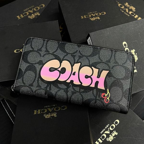 544 - Ví Coach Accordion Canvas Dáng Dài Khóa Zip