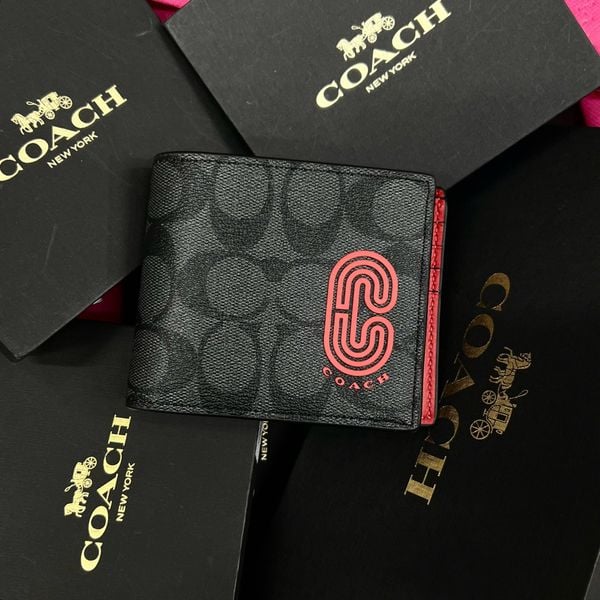 163 - Ví Coach da Nam 3 In 1 Canvas Dáng Gập Vuông, Kèm Card Holder