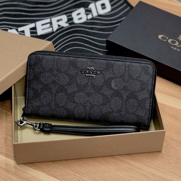 823 - Ví Coach cầm tay dáng dài khóa Zip Around Wallet In Signature Canvas 'Charcoal/Black' - CW778
