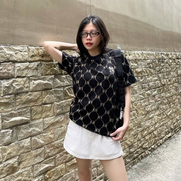 733 - Áo thun unisex cổ tròn MLB Jacquard Dia Monogram Đen - 3ATSM0144-50BKS