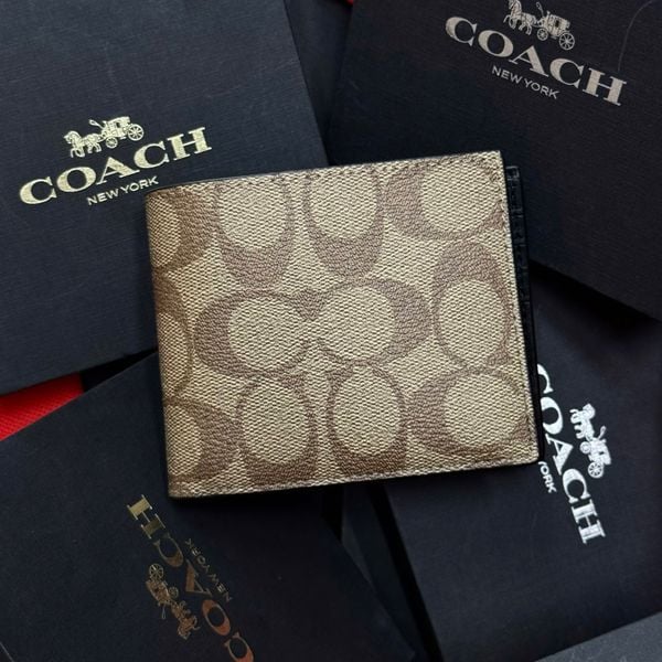 163 - Ví Coach da Nam 3 In 1 Canvas Dáng Gập Vuông, Kèm Card Holder