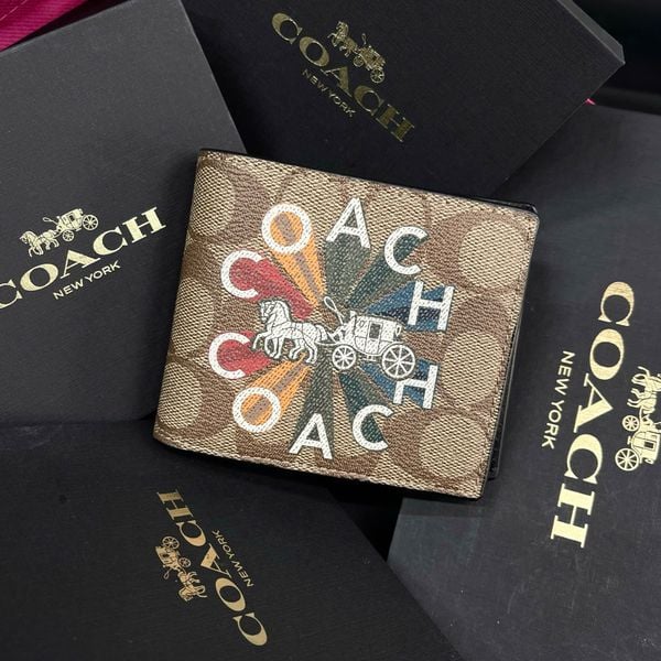 163 - Ví Coach da Nam 3 In 1 Canvas Dáng Gập Vuông, Kèm Card Holder