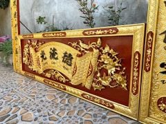 Hoành Phi Câu Đối Gỗ Quang Lưu Đức Dát Vàng Kích Thước Hoành Phi 197*69*4 - Câu Đối 197*28*4 Gỗ Hương Đỏ