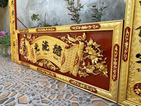 Hoành Phi Câu Đối Gỗ Quang Lưu Đức Dát Vàng Kích Thước Hoành Phi 153*61*4 - Câu Đối 153*28*4 Gỗ Hương Đỏ